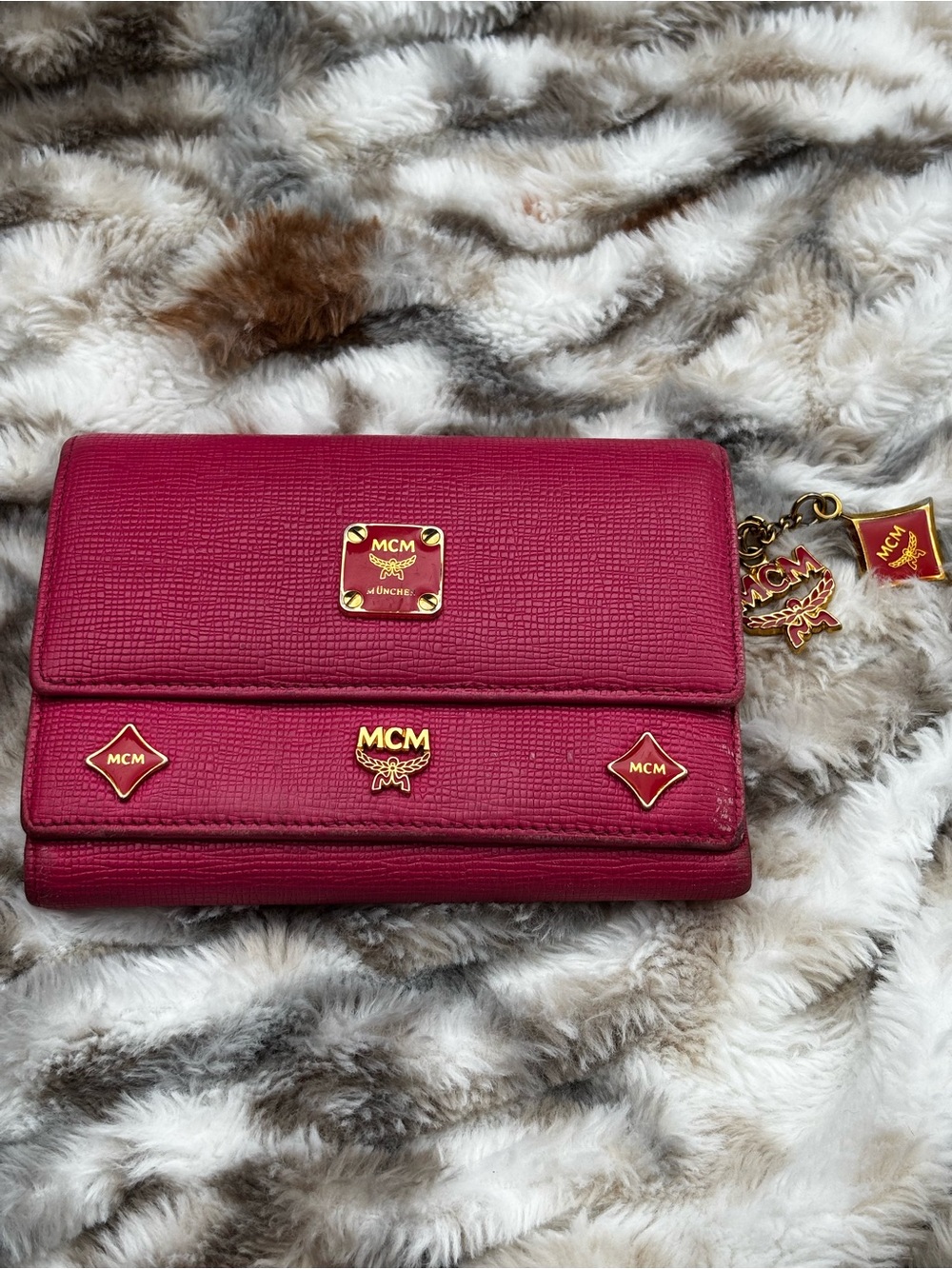 MCM Fuchsia Pink Y2K Trifold Wallet Gold Charms